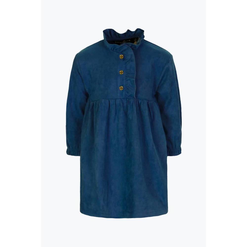 NEW DUFFIELD LANE girl's dasher ruffle button dress in blue suede